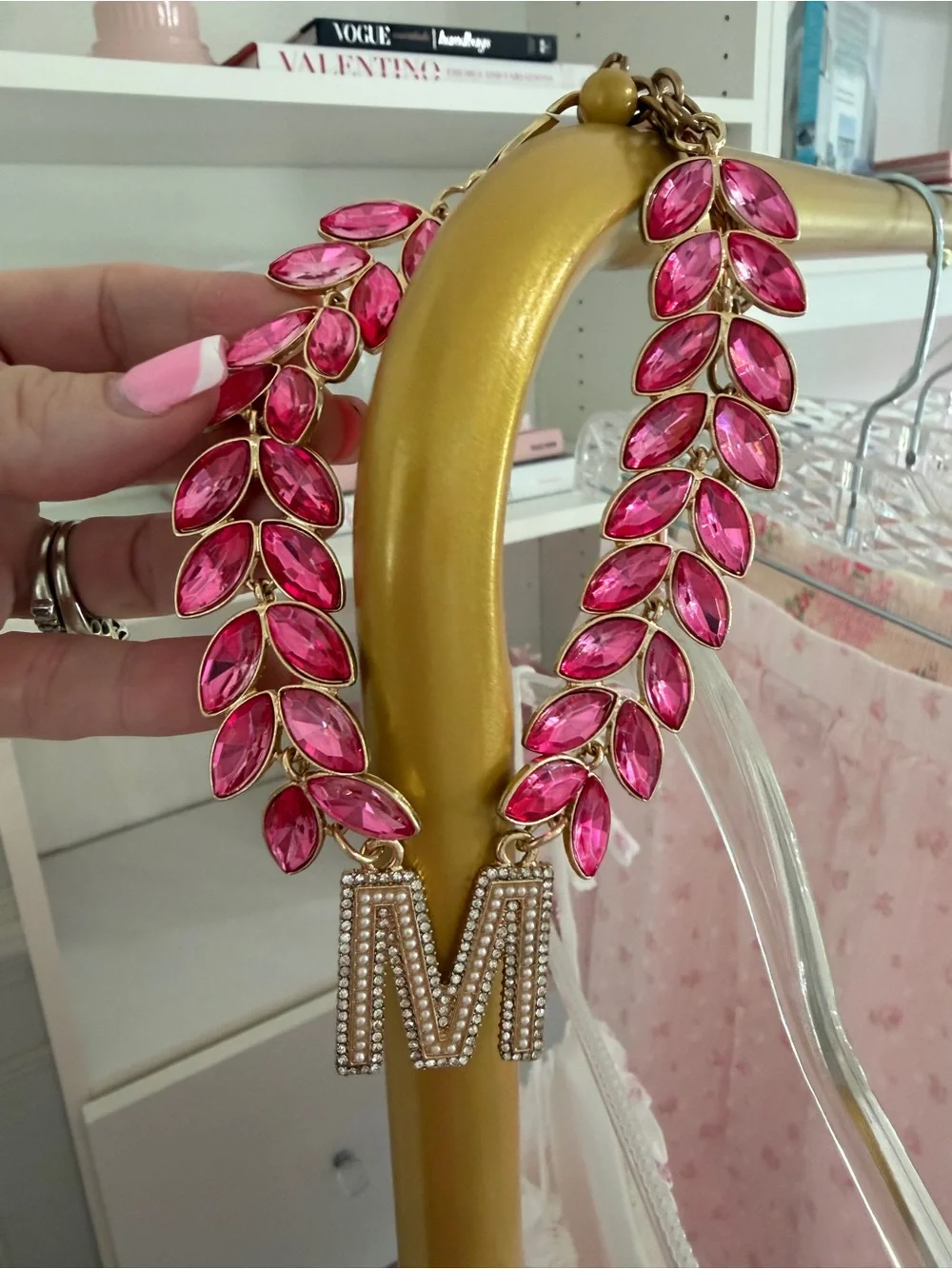 Gold-Tone Pet Necklace with Pink Crystal Leaf Accents and 'M' Charm